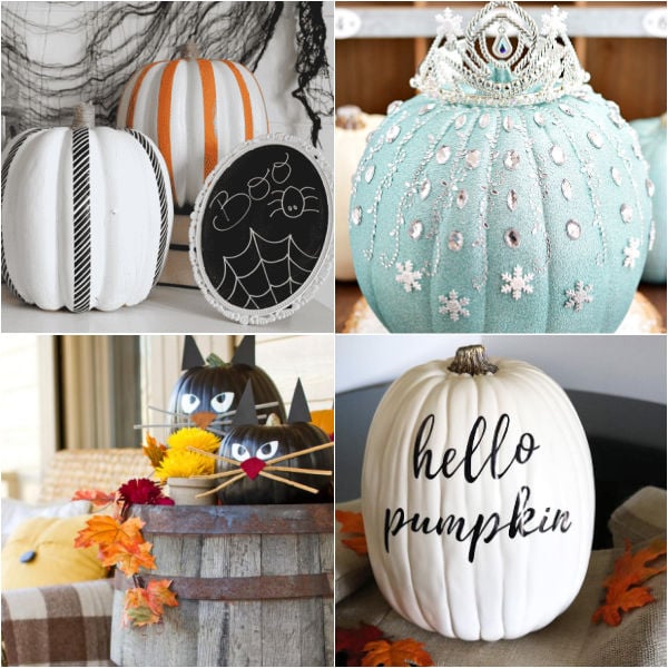 35 of the best no carve pumpkin decorating ideas. These easy DIY ideas include paint, stencils and other unique ways to decorate pumpkins. Choose from Disney princesses, monograms, farmhouse, superheroes, donuts and much more. Each idea is a blast to make and absolutely no knives needed. #onecrazymom #nocarvepumpkindecoratingideas #diy