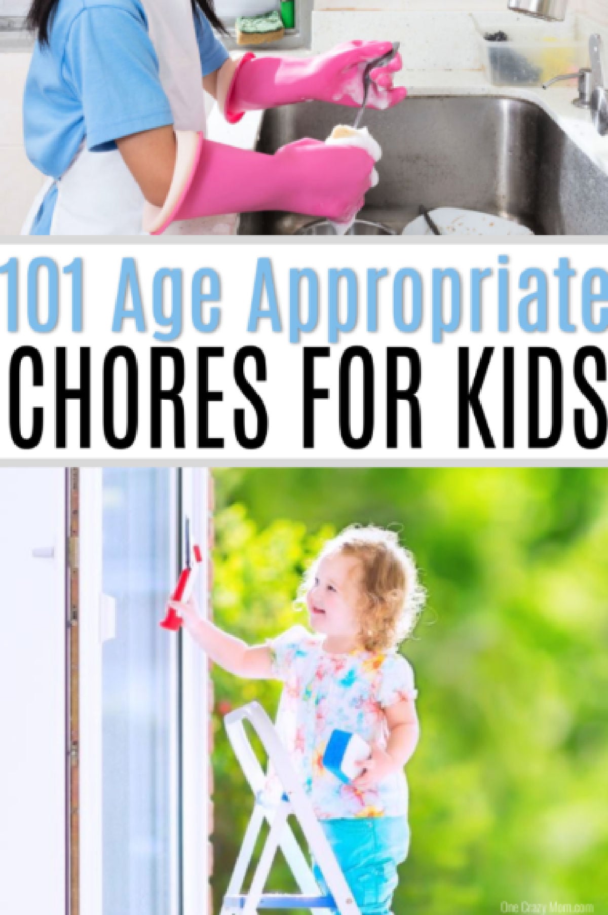 Photo of child doing chores on a ladder.