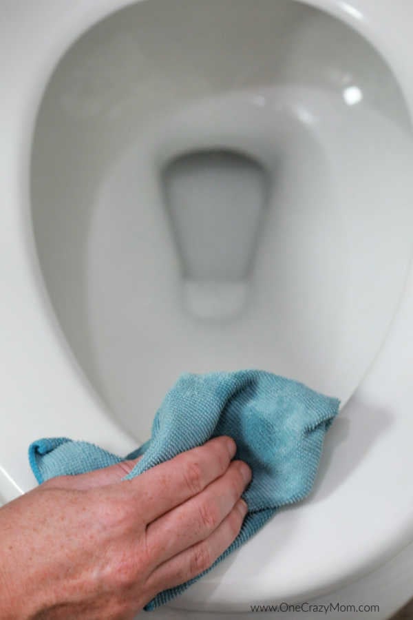 Cleaning toilet with rag.