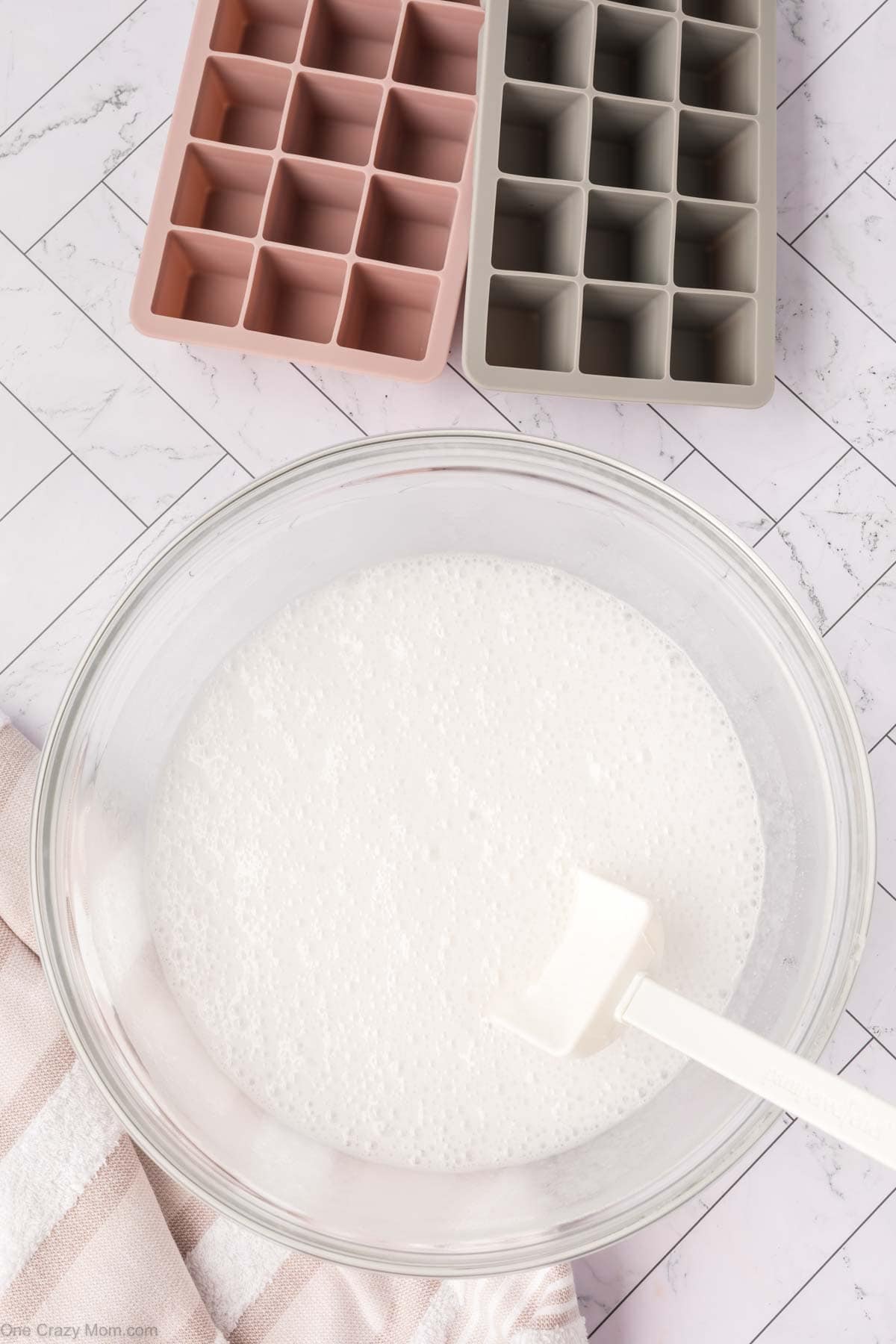 Mixture combined in a mixing bowl.