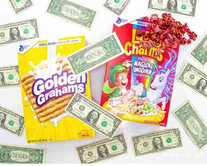 Cereal boxes with cash inside.