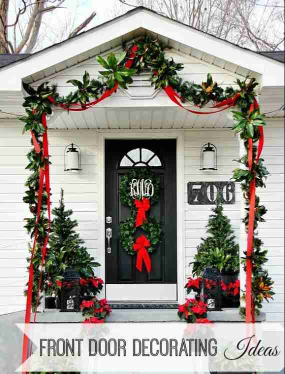 Front porch with wreath and garland.