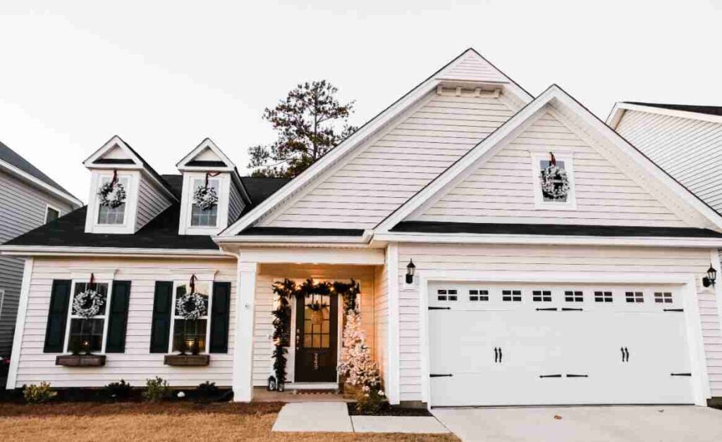 Exterior of home decorated for Christmas.