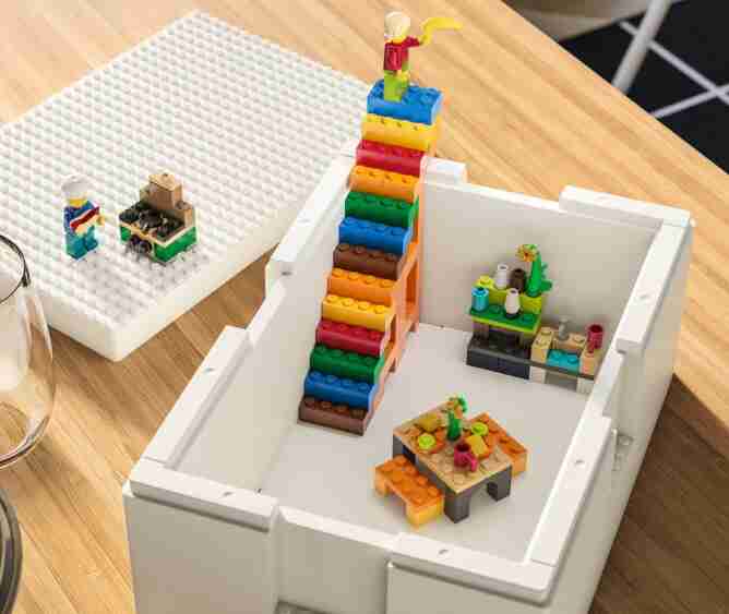 Storage bins with legos.