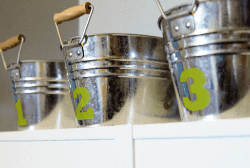 Lego buckets with numbers.