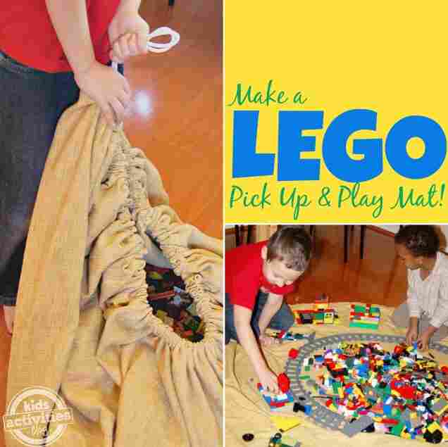 Lego play mat with Lego pieces.
