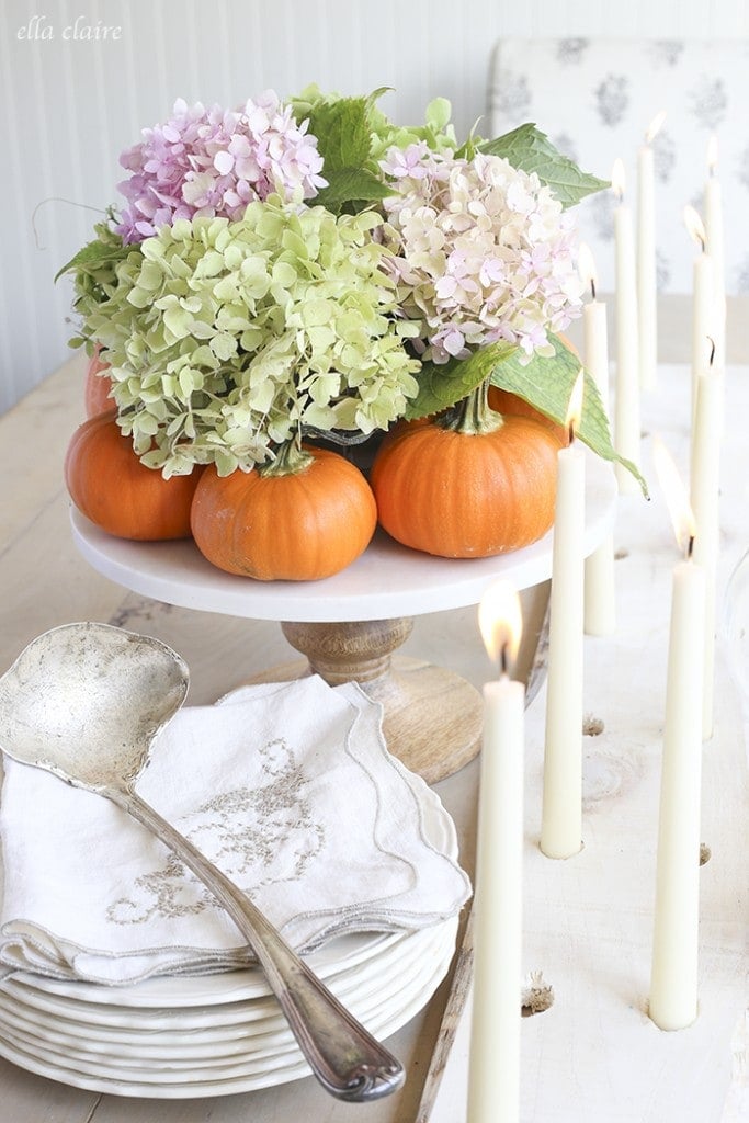Centerpiece with pumpkins and hydrangeas.
