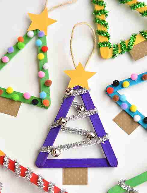 Popsicle Stick Christmas Tree with decorations.