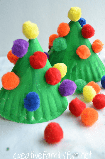 Paper plate Christmas tree with decorations.