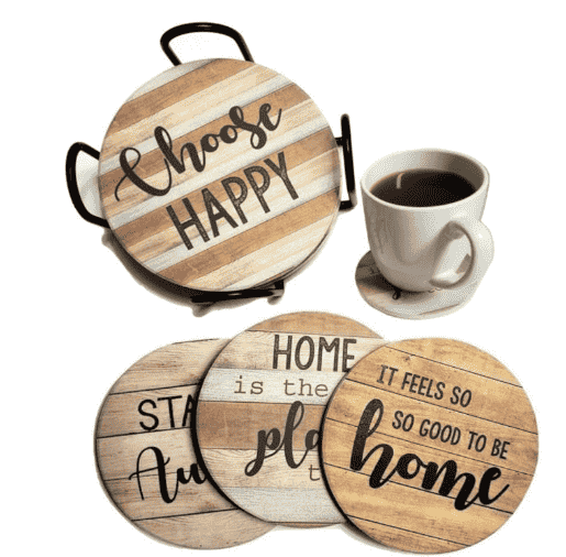 Set of coasters beside a coffee cup.