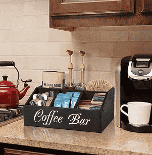 Coffee station beside coffee maker.