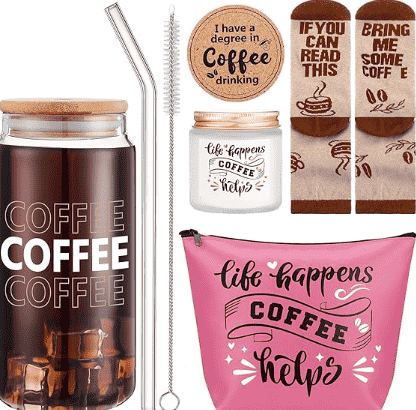 Coffee gift set with socks, bag, cups and more.