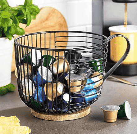Coffee pod holder with pods inside.
