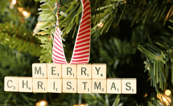 Scrabble ornament in tree.