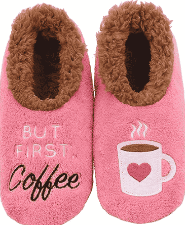 Pink fuzzy slippers.