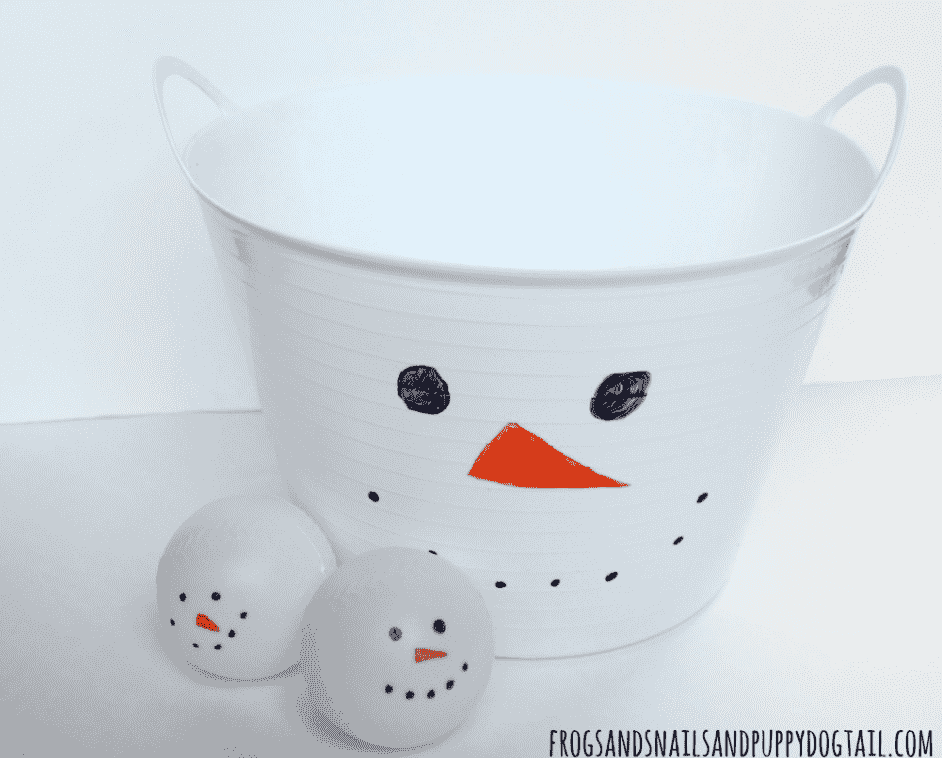 Bucket decorated as a snowman.