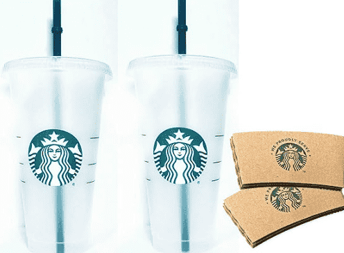 Starbucks cups with sleeves.