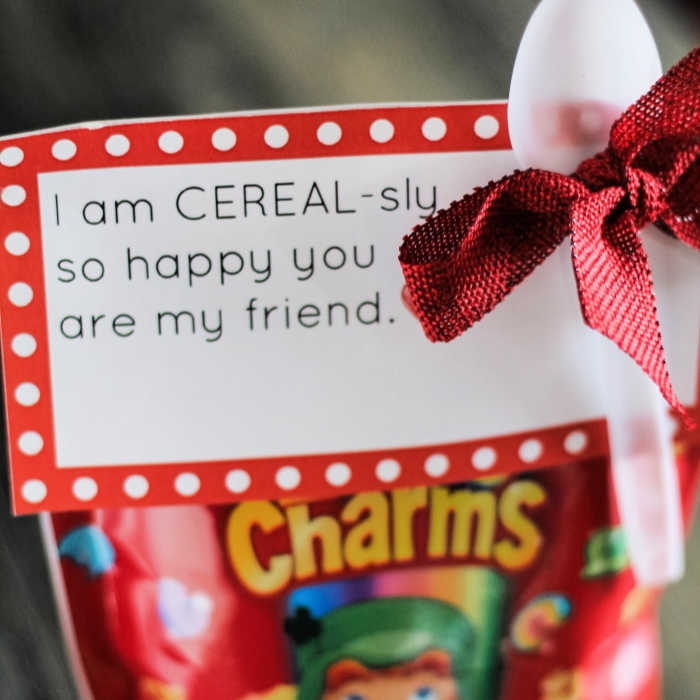 Cereal valentine with printable and spoon.