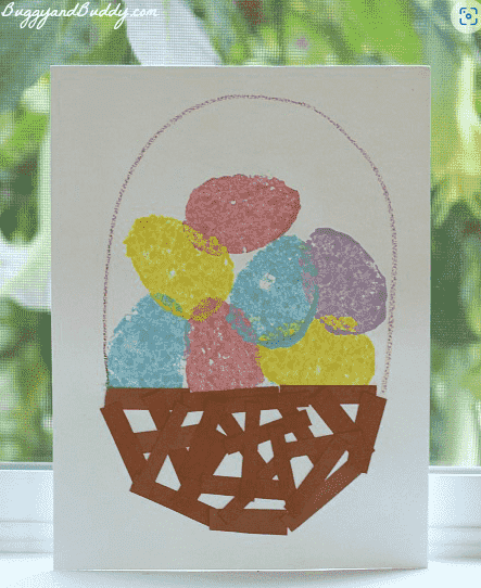 Canvas with eggs and basket.