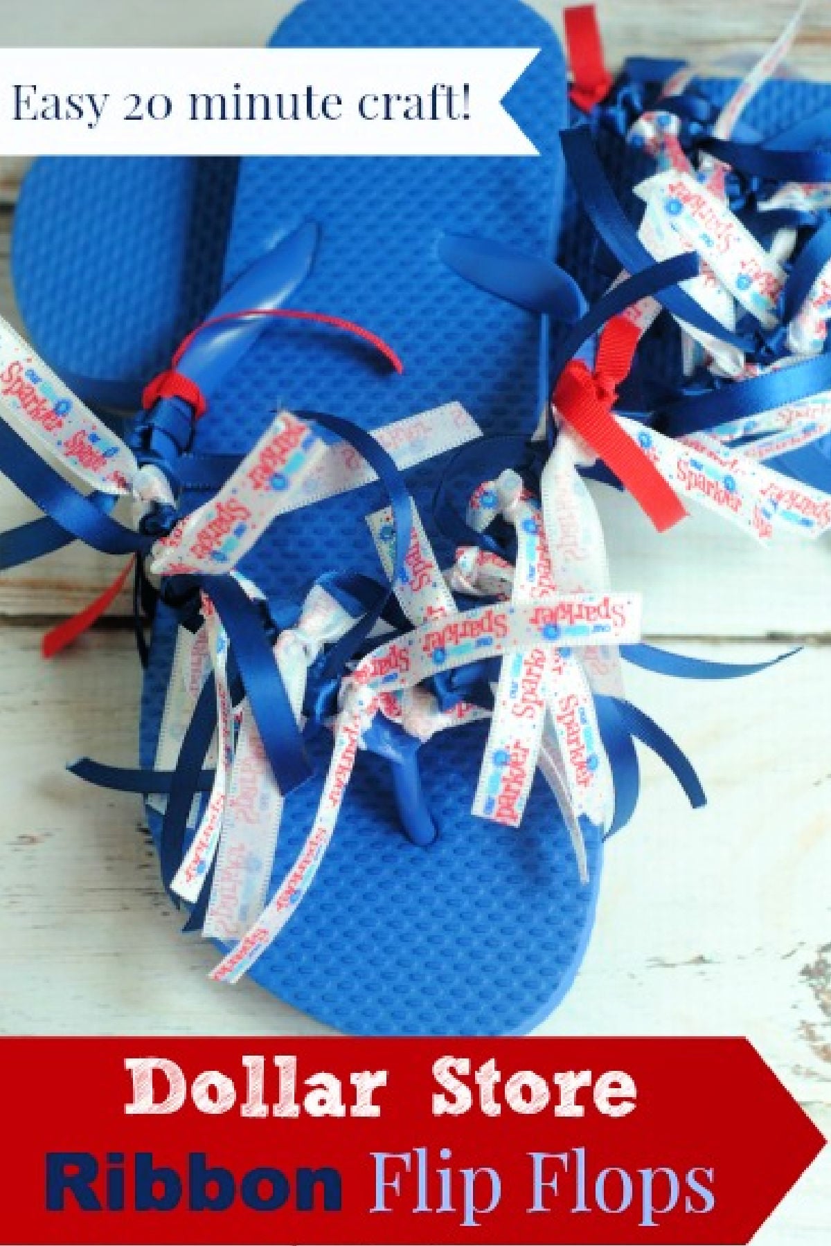 Dollar Store flip flops with ribbon for the fourth of july.
