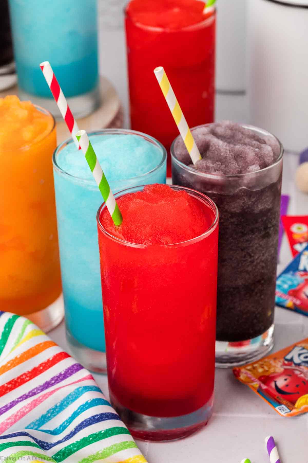 Slushies with kool aid in glasses.