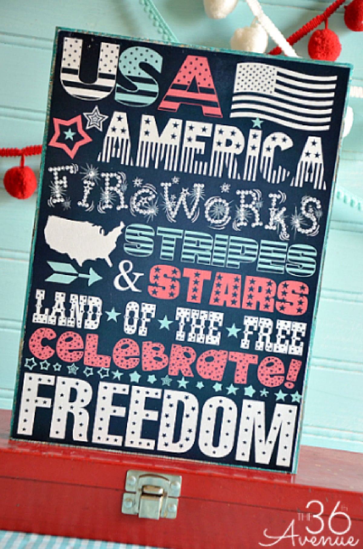 Fourth of July printable attached to wood.