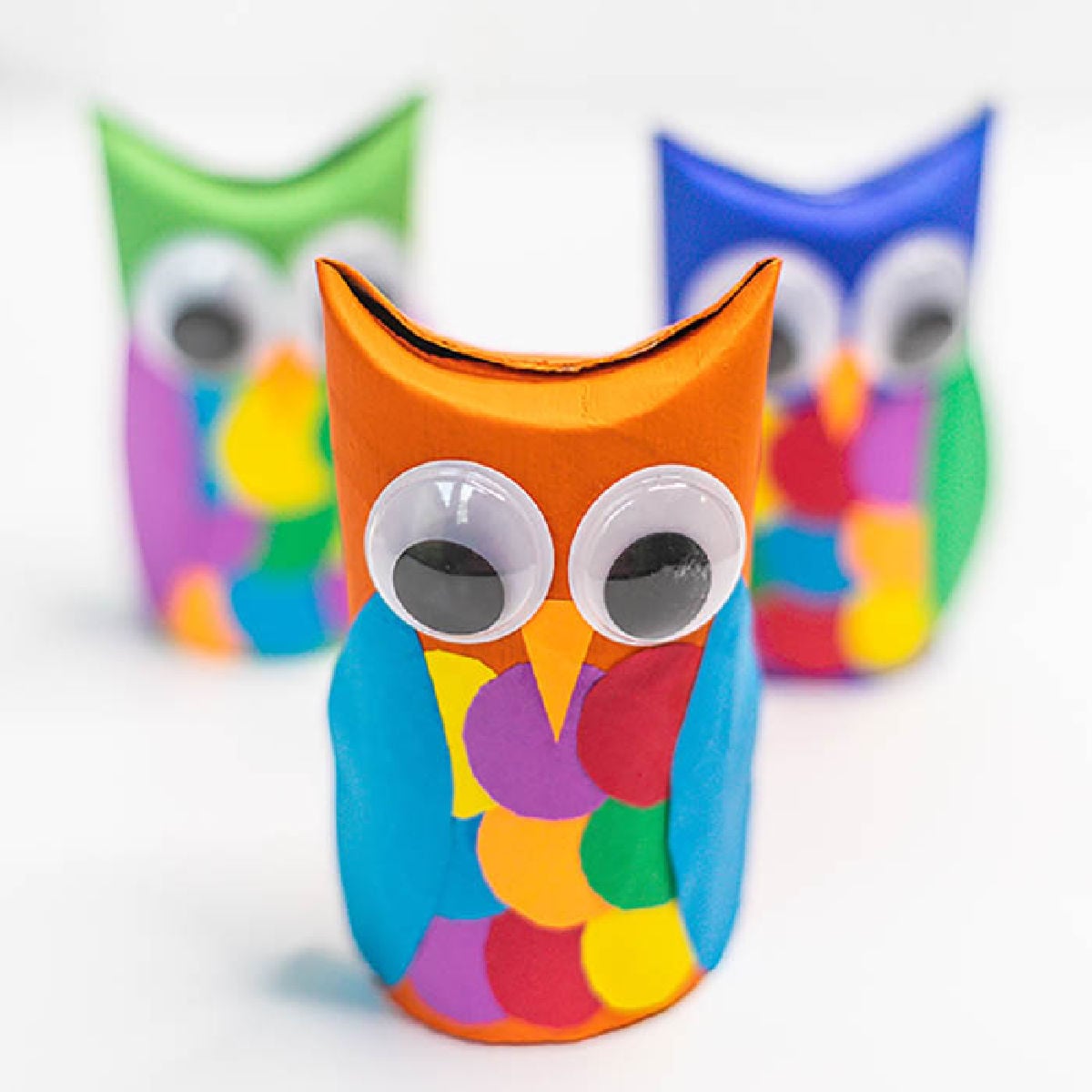 Owls made out of toilet paper tubes.