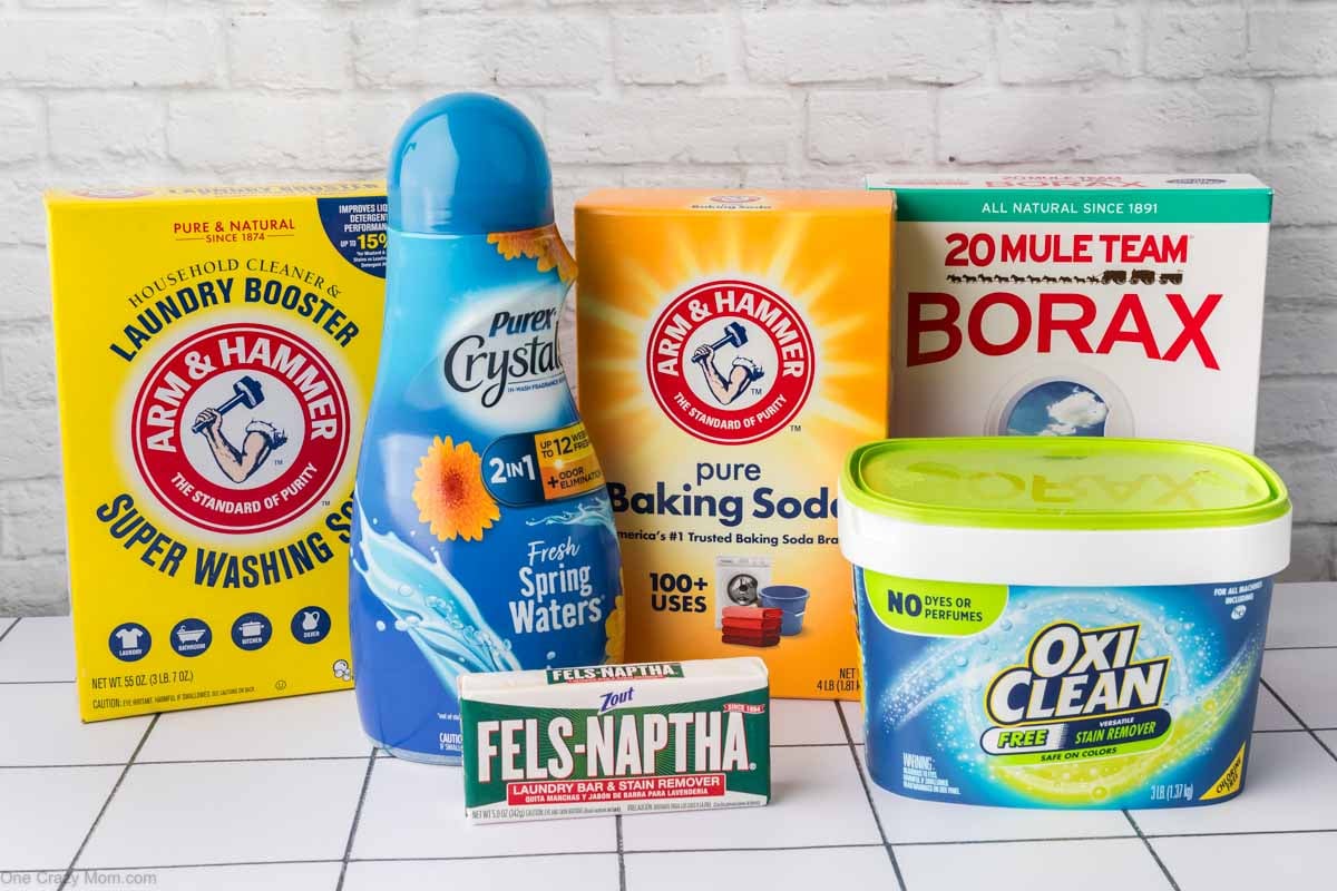 Ingredients for laundry detergent - borax, washing soda, baking soda, oxi-clean, purex crystals, fels-naptha.