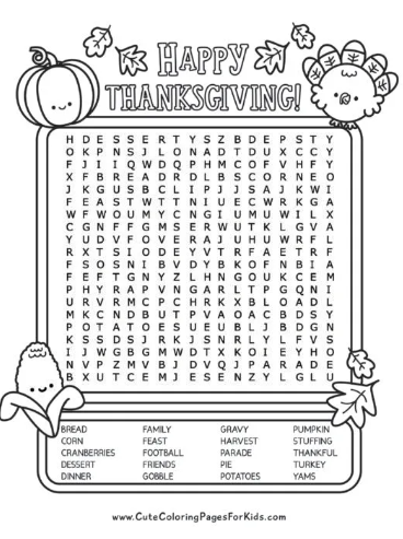 Happy Thanksgiving word search printable.