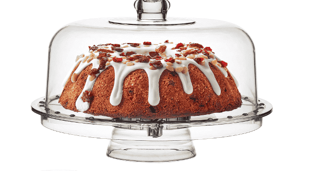 Cake stand with cake.