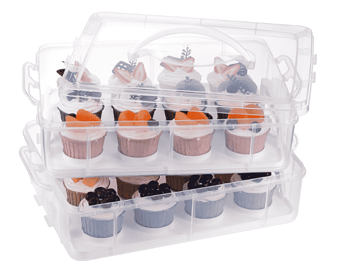 Cupcake carrier with cupcakes.