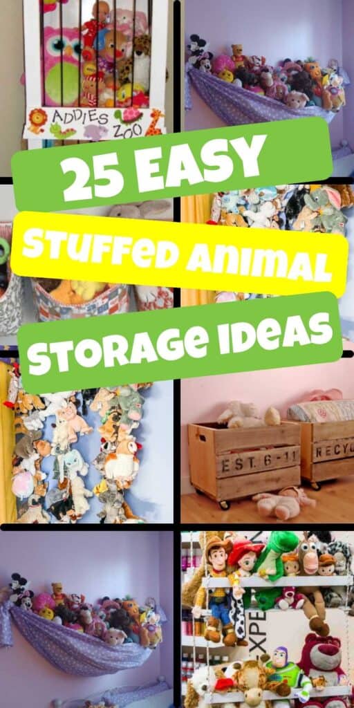 Are you overwhelmed with all of the stuffed animals? Try these 25 creative Stuffed Animal Storage Ideas to regain order and reduce chaos. DIY ideas include hanging solutions, corner storage, cute zoo themed and more options for child's room, play room and more. #onecrazymom #stuffedanimalstorage #diystorage