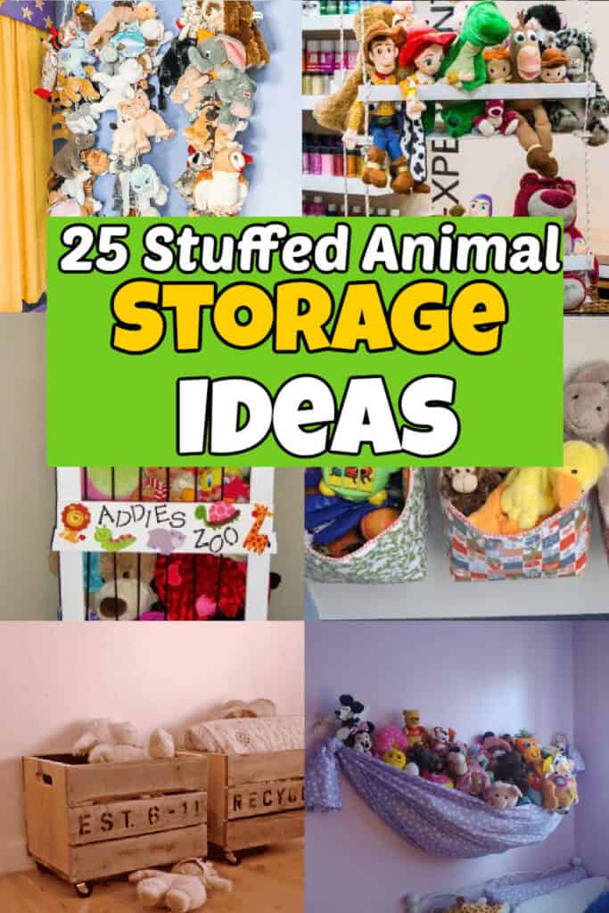 Are you overwhelmed with all of the stuffed animals? Try these 25 creative Stuffed Animal Storage Ideas to regain order and reduce chaos. DIY ideas include hanging solutions, corner storage, cute zoo themed and more options for nursery, child's room, play room and more. #onecrazymom #stuffedanimalstorage #diystorage