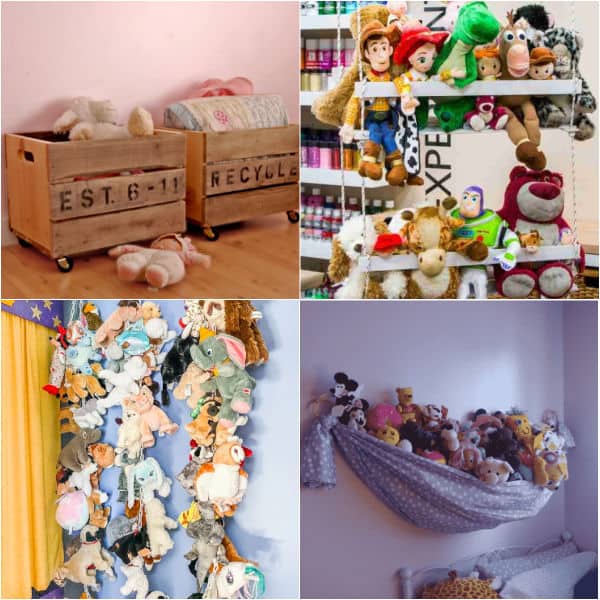 Are you overwhelmed with all of the stuffed animals? Try these 25 creative Stuffed Animal Storage Ideas to regain order and reduce chaos. The DIY ideas include hanging solutions, corner storage, cute zoo themed and many more options for nursery, child's room, play room and more. #onecrazymom #stuffedanimalstorage #diystorage