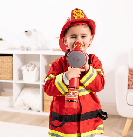 Boy in firefighter costume.