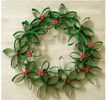 Wreath made out of toilet paper rolls.