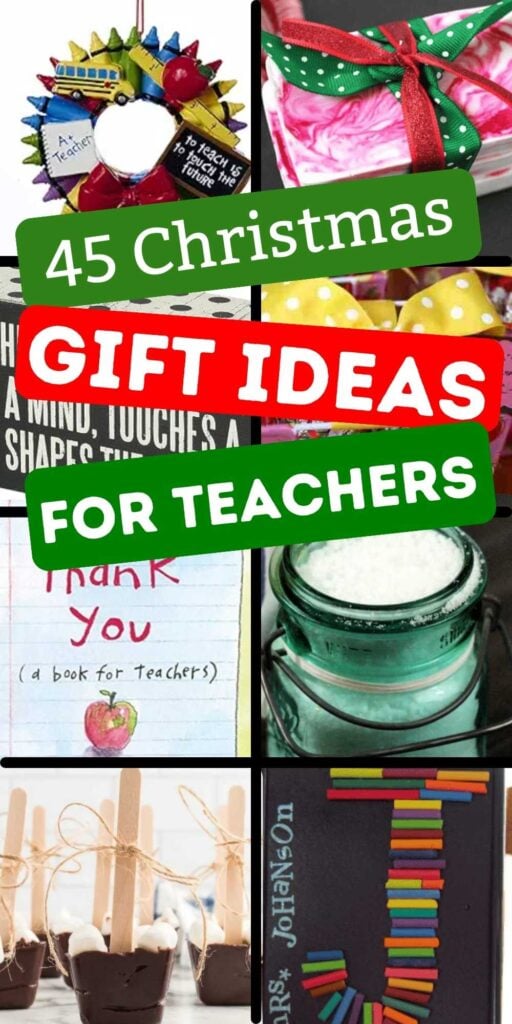 We have compiled a list of 45 Christmas gifts for Teachers. Find everything from cute gifts and homemade goodies to fun gift card ideas from students. These small unique gifts are cute and frugal to make for teachers, friends, coworkers and more. #onecrazymom #Christmasgiftsforteachers #giftsforteachers