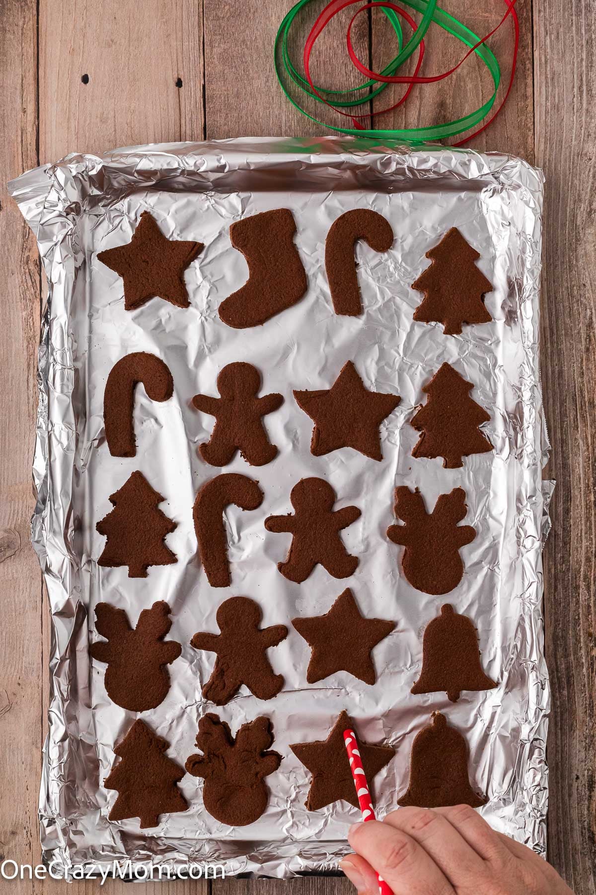 Ornaments on baking sheet.