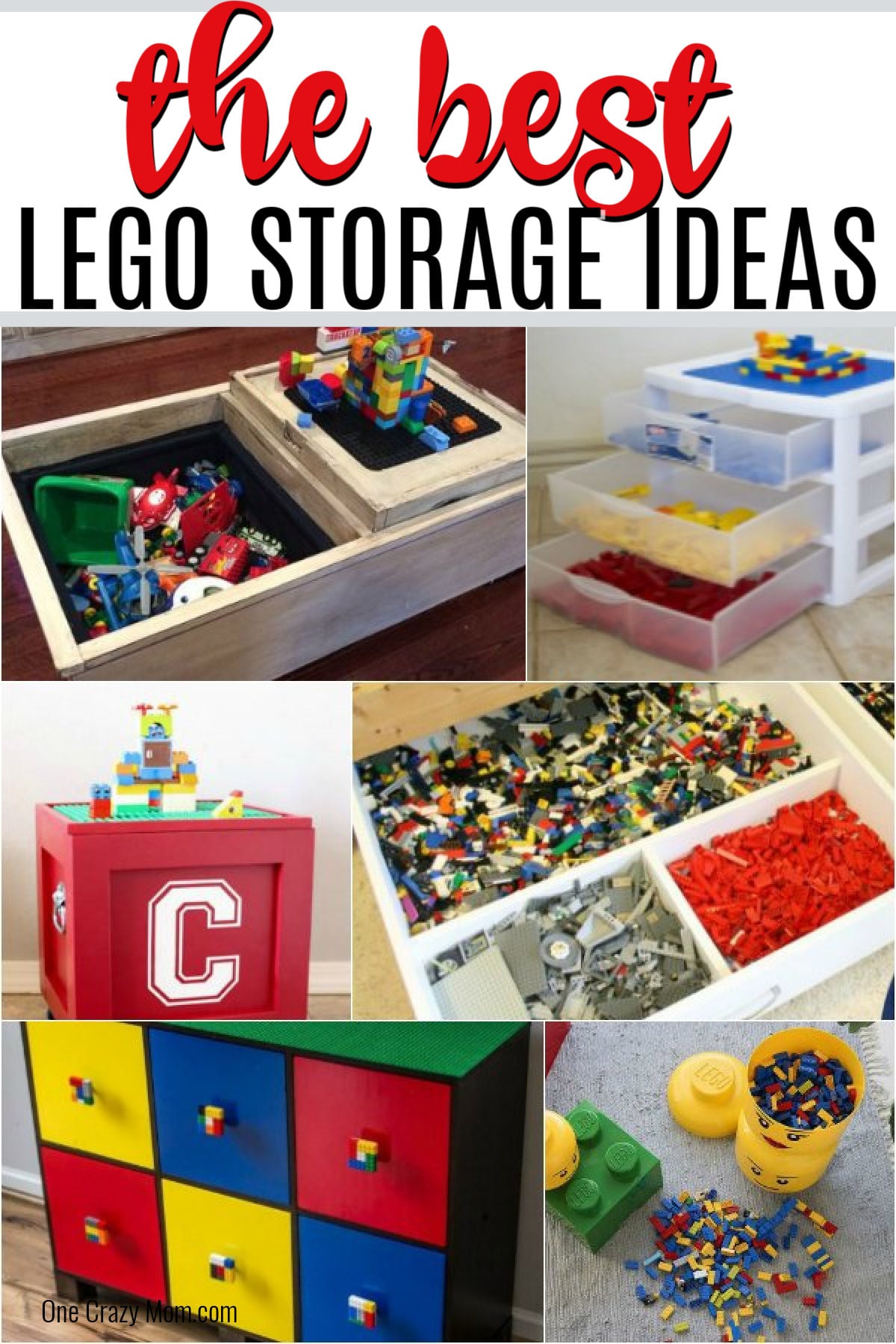 Storage ideas in different shapes and containers for Legos.