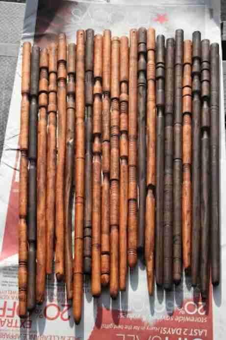 Wooden wands side by side.
