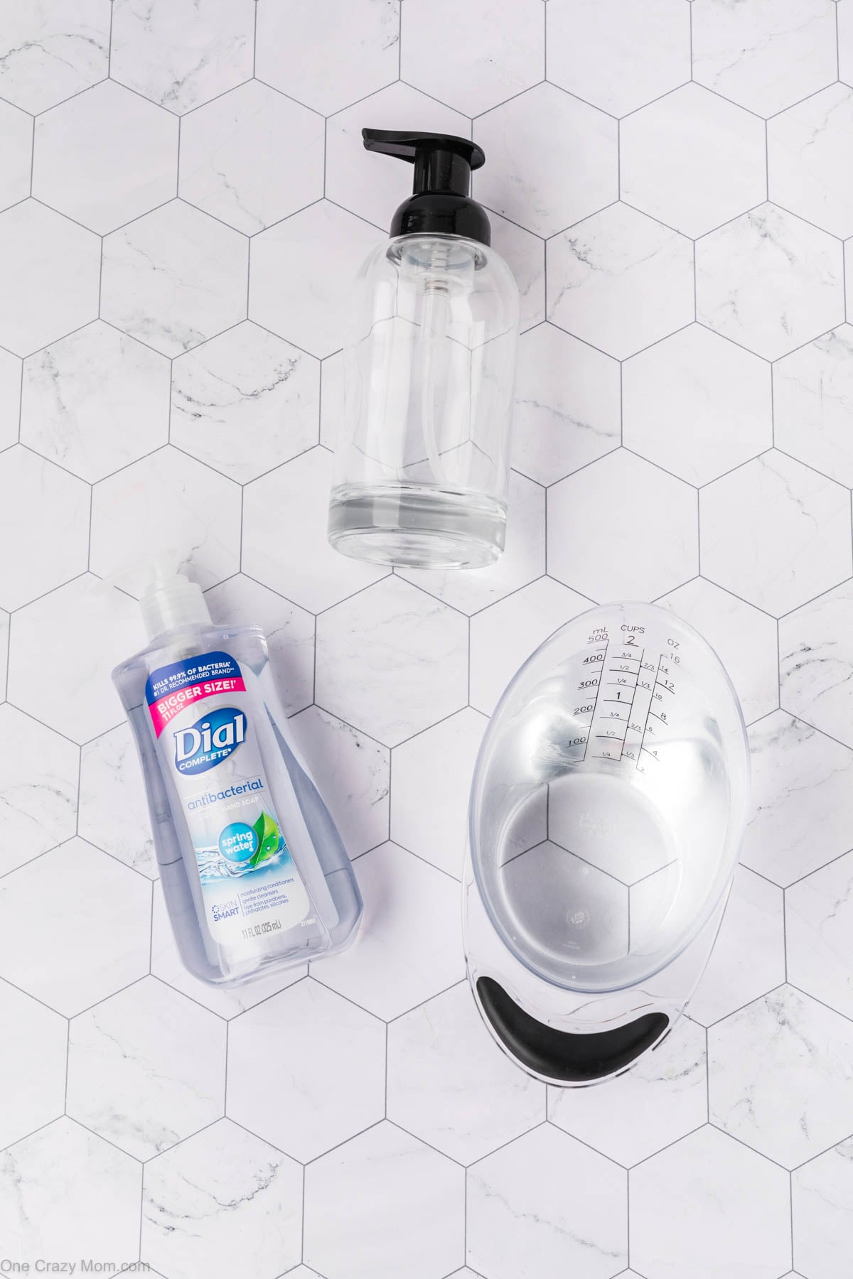 Supplies for foaming hand soap - regular liquid hand soap, water, foaming hand soap dispenser.