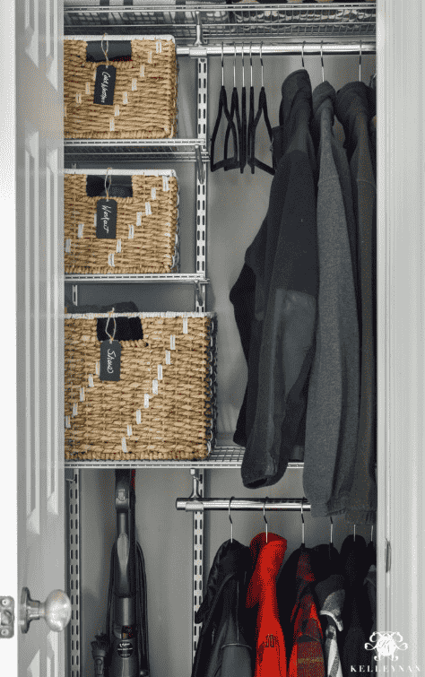 Closet shelving system with baskets.