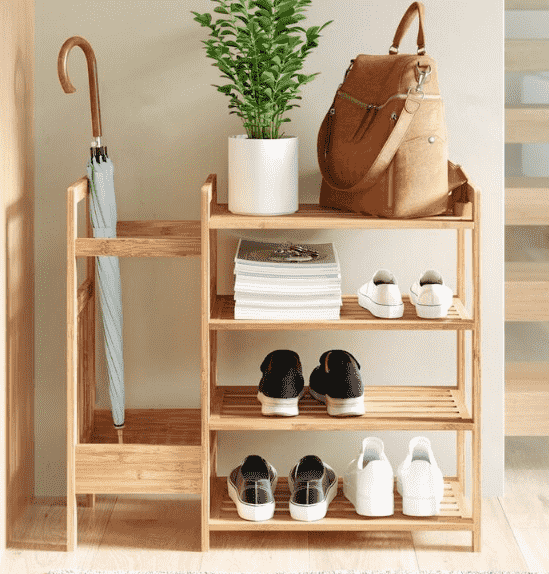 Shoe rack in closet.
