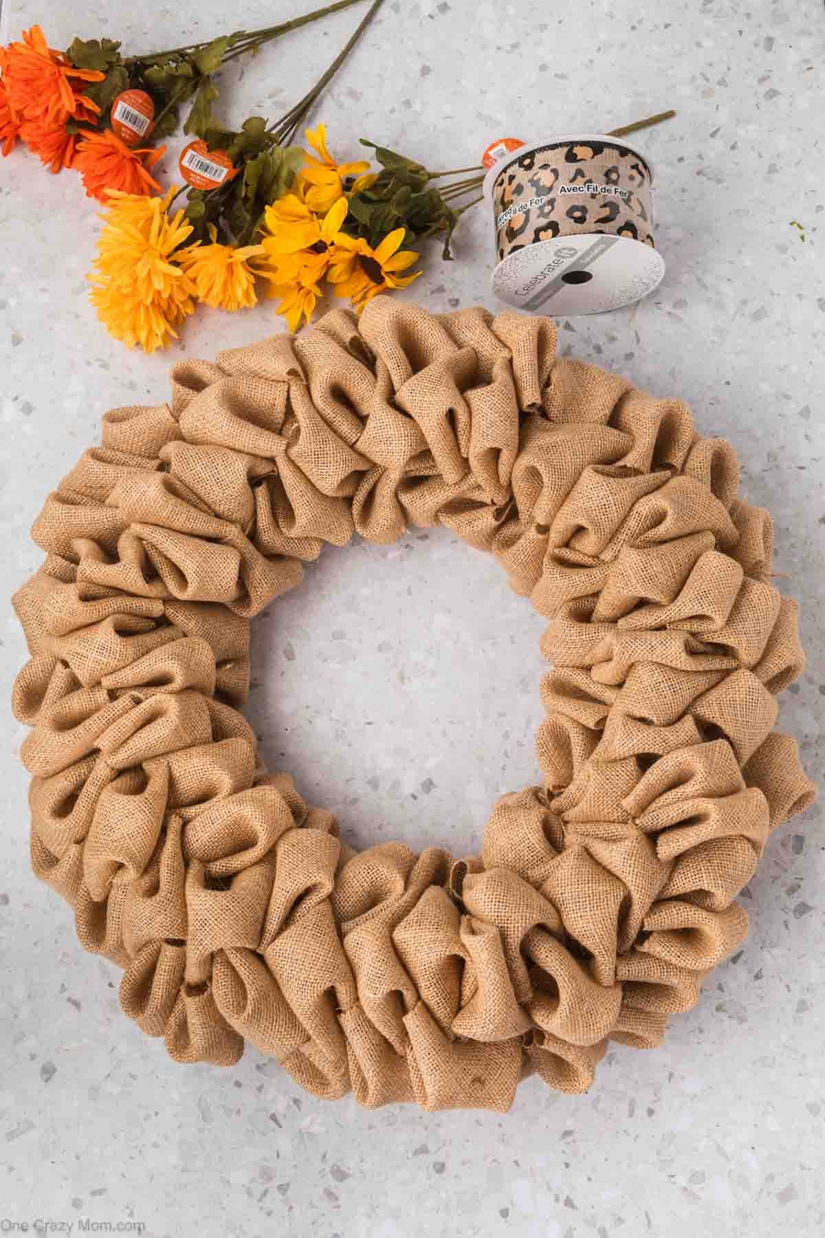 Burlap placed in the wreath.