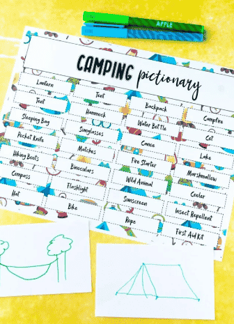 Camping Pictionary game with markers.