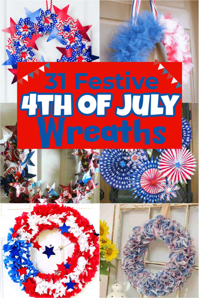 Show off your patriotic pride with these 4th of July wreaths that will look festive on the front door. 31 Fourth of July wreath ideas you can make at home that include DIY Dollar Tree Ideas and more. #onecrazymom #4thofJulyWreaths #fourthofjulywreaths #diywreaths