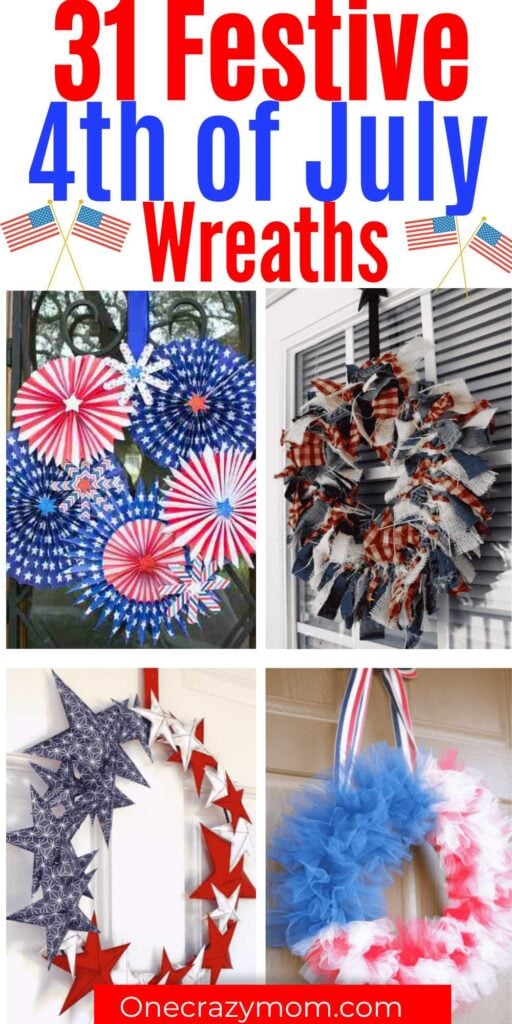 Show off your patriotic pride with these 4th of July wreaths that will look festive. 31 Fourth of July wreath ideas you can make at home that include DIY Dollar Tree Ideas and more. #onecrazymom #4thofJulyWreaths #fourthofjulywreaths #diywreaths