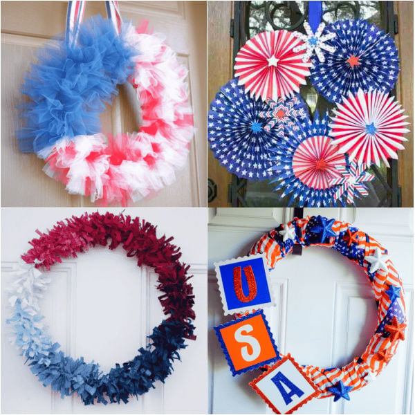 Show off your patriotic pride with these 4th of July wreaths that will look festive on the front door. 31 Fourth of July wreath ideas you can easily make at home that include DIY Dollar Tree Ideas and more. #onecrazymom #4thofJulyWreaths #fourthofjulywreaths #diywreaths