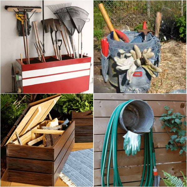Get your garden tools in order with these inexpensive and simple garden tool organizers. 21 creative garden tool organization ideas that will keep your tools stored nicely. Inexpensive DIY ideas that include pallets, pvc pipes, carts and more for small spaces in the garage and shed. #oncecrazymom #gardentoolorganizer