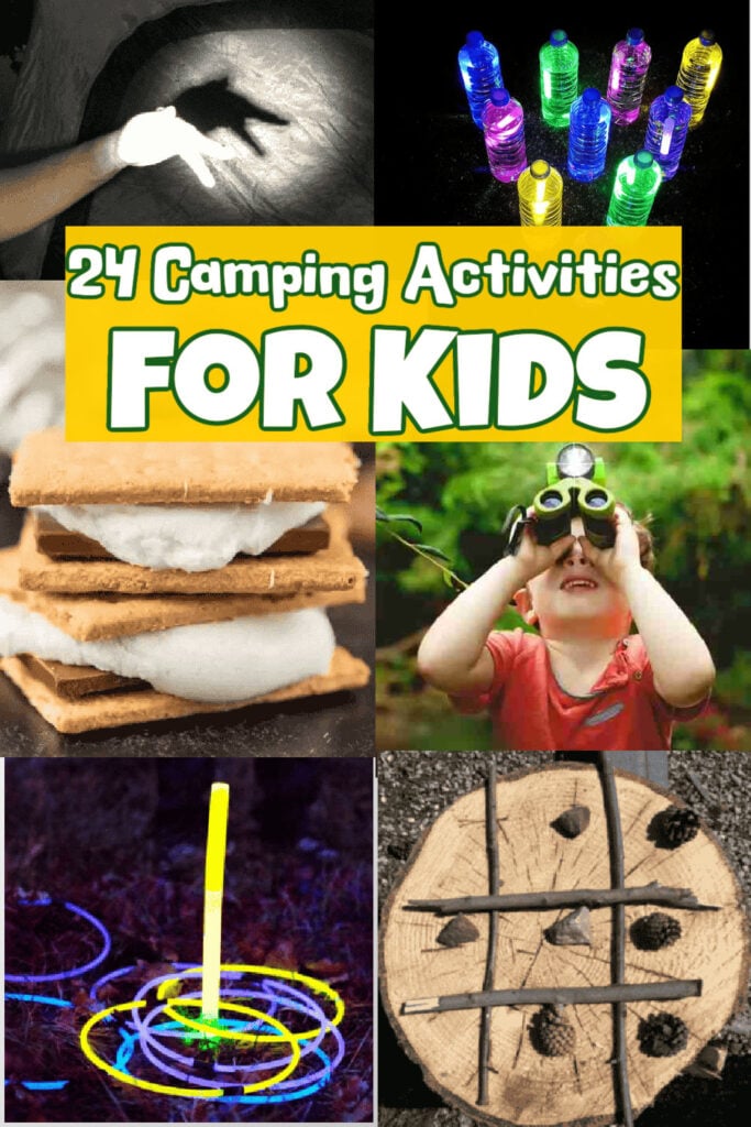 The best camp activities for kids. 24 fun ideas that the entire family will enjoy including scavenger hunts, free printables, nature walks, crafts. games and more. 24 kids camping activities sure to be a blast. #onecrazymom #campingactivitiesforkids #kidscampingactivities